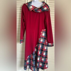 Red Plaid Asymmetrical long sleeve hooded Swing dress (SzL)